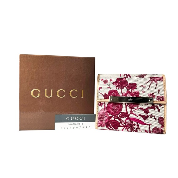Gucci Floral Pink White & Tan Canvas & Leather Compact Bifold Wallet - Picture 12 of 13